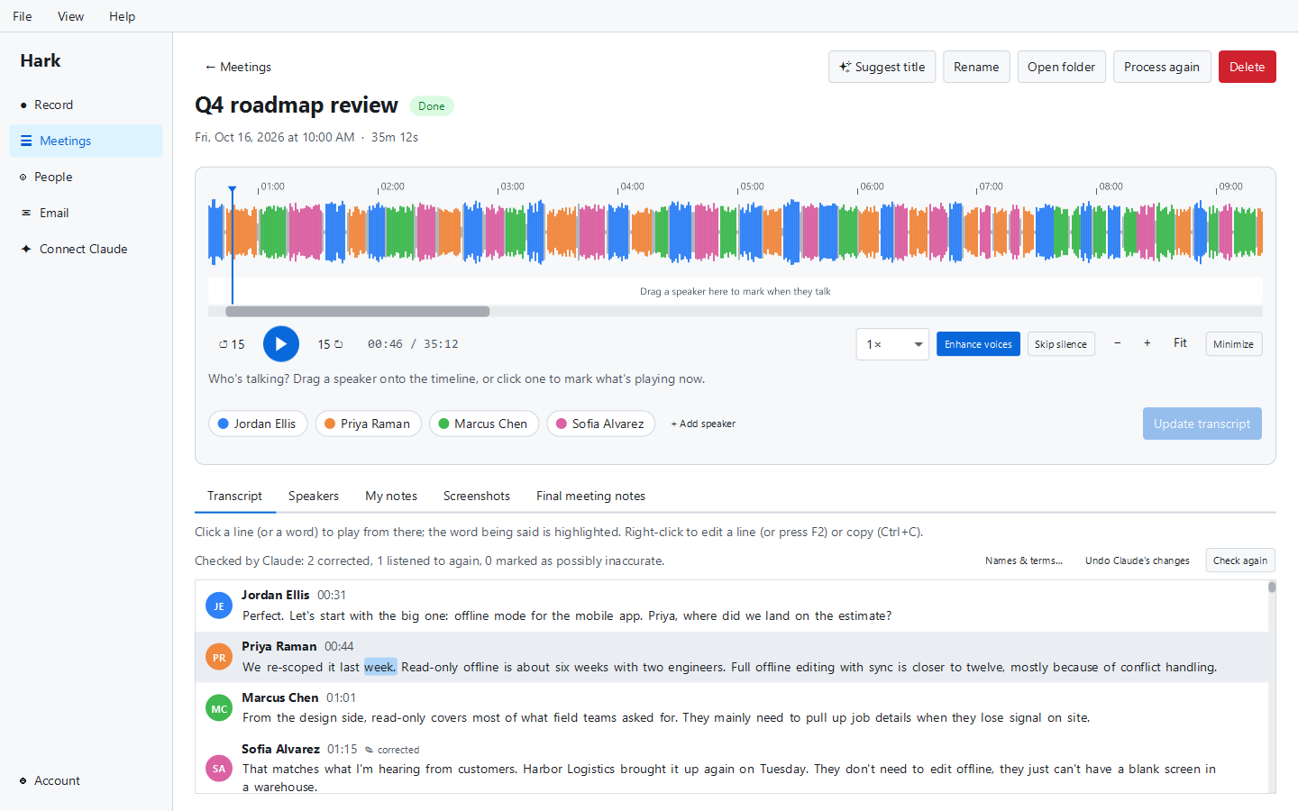 A meeting transcript in Hark with named speakers